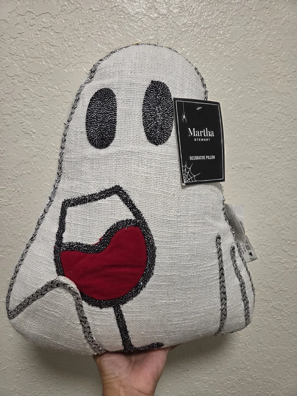 Martha Stewart White Ghost Decorative Pillow with Red Wine Design